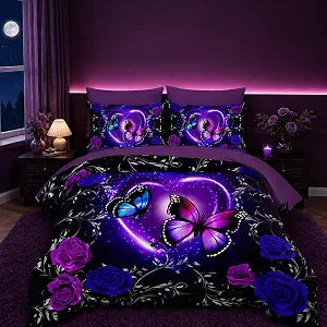 Purple Butterfly Comforter Set 7 Piece Queen Size Bed in A Bag,Dreamy Butterfly Bedding for Girls Room Decor,Soft Microfiber Comforter with Fitted Sheet,Flat Sheet, Pillowcases & Shams