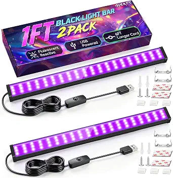 Black Light Bar 1FT with 6ft USB Cord, 385-400nm for Uranium Glass, 2 Pack