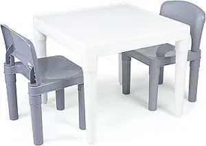 Humble Crew Kids Plastic Table and Chair Set, Toddler Activity Table with 2 Chairs, Lightweight Easy-Clean Kids Desk for Play, Snacks & Crafts, Indoor Outdoor Playroom Furniture, White/Grey