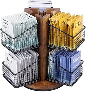 HTB Carousel Tea Bag Organizer for Counter, 2 Tier Tea Bag Holder with 6 Removable Tea Baskets and Acacia Wood Station, Tea Organizers and Storage for Cabinet, Countertop