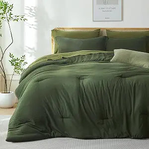 Full Size Comforter Set-7 Pieces Soft Olive Green Bed in a Bag | Fade Resistant & Durable, Prewashed Fabric, Contrast Color Design, Lightweight Warmth for All Seasons, Machine Washable