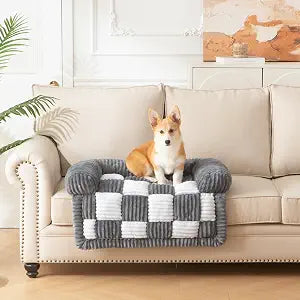 Dog Bed for Couch with Bolster, Comfy Couch Cover for Dogs Washable, Non-Slip Plush Furniture Protector, Calming Fuzzy Lounge Mat, Pet Sofa Accessories (Grey, Medium)