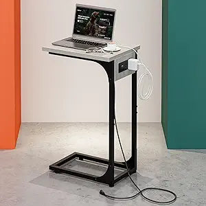 C-Shaped Side Table for Couch - Small Coffee Stand Sofa Tray Desk with Metal Frame Waterproof Scratch Resistant Wood Top and Built-in Charging Station, Greige