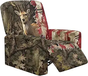 Camo Hunting Reclining Chair Covers 4 Pieces Reindeer Recliner Sofa Slipcovers with Pocket Non Slip Cover for Recliner Chair Breathable Furniture Protector