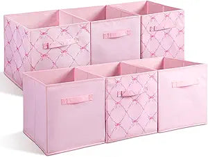 Geelin 6 Pcs Pink and Pink Bow Cube Storage Bins 11 Inch Storage Basket with Handle Cute Preppy Girls Organizer Container Collapsible Fabric Box for Classroom Bedrooms Office Home Decoration Gift