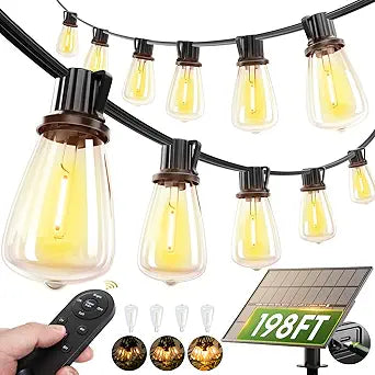 addlon 198FT Extra Long Solar Powered String Lights Outdoor Waterproof, Shatterproof 60+4 LED Bulbs, Patio Hanging Lights with Remote, Dimmable Timer for Large Backyard Garden Wedding Party Camping