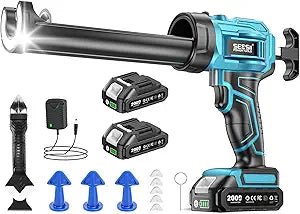 SEESII Cordless Caulking Gun, 21V Battery Powered Caulk Gun, Electric Caulking Gun w/2 x 2.0Ah Batteries, 9Pcs Caulk Remover Tool, LED Light, Auto Retract for Filling, Sealing