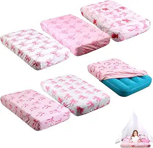 6 Pcs Kid Air Mattress Sheet Pink Bow Pattern Fitted Sheets 62.2 x 34.6 x 7 Inch Inflatable Mattresses Sheets (Sheet Only) Sleepovers Birthday Slumber Party Toddler Floor Sleeping Mats(Classic Bow)