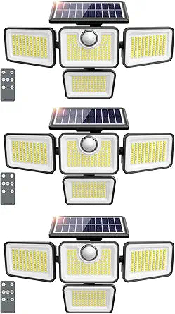4500LM Solar Lights Outdoor, 4 Adjustable Heads Motion Sensor Lights, 3 Modes, 6500K, IP65 Waterproof Solar Security Wall Lights, Remote Control Flood Lights, Garden, Outside, Backyard, 3 Pack