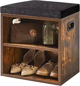 YMYNY Shoe Storage Bench with Cushion, 2 Tier Shoe Rack with Padded Seat, Adjustable Shoe Organizer Cabinet for Entryway, Living Room, Hallway, Closet, 15.4L*11W*16.54H, Rustic Brown, UHBD028H