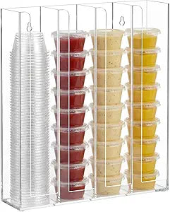 Sliner Acrylic Wall Mount Portion Sauce Cup Lid Organizer, 4 Compartment Clear Disposable Cup Holder for Storage in Restaurant, Kitchen, Cafes, Include Screws and Anti-slip Pads, Fit 1/1.5/2 oz Cups