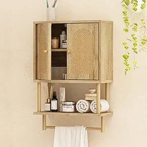 RUSTOWN Rattan Bathroom Wall Cabinet, Modern Boho Medicine Cabinet with Two Arched Rattan Doors, Over The Toilet Storage Cabinet with Adjustable Shelf and Towel Bar for Bathroom (Natural, Small)