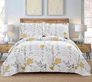 Floral Quilt Set - Queen Size Reversible Bedspread & Coverlet with Pillow Shams - Lightweight for Spring/Summer - Grey & Yellow