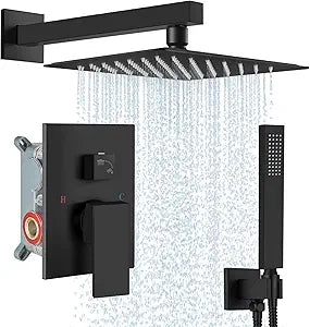 Midanya Shower Faucet Set,Wall Mount Shower System with Square Rain Shower Head and Hand Sprayer, Rough-in Valve Body and Trim Kit Included,10 Inch,Matte Black