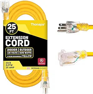 Thonapa 25 Ft 10 Gauge Extension Cord, Weatherproof Heavy Duty Outdoor Extension Cord 10 AWG 25', SJTW 3 Prong Lighted Plug 10/3 Yellow Cable 15 Amp, Great for Major Appliances & Garden Tools
