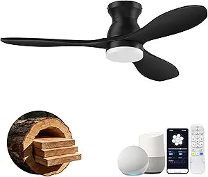 42" Wood Ceiling Fans with Lights, Smart Control by Remote Alexa APP,Quiet DC Motor,Modern Flush Mount Hugger Ceiling Fan for Low Profile Bedroom,Patio,Outdoor Indoor,Matte Black,Dim,6 Speed,3 Blade