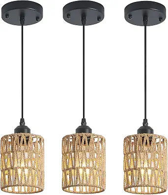 3 Pack Boho Rattan Pendant Lights for Kitchen Island Round Shade