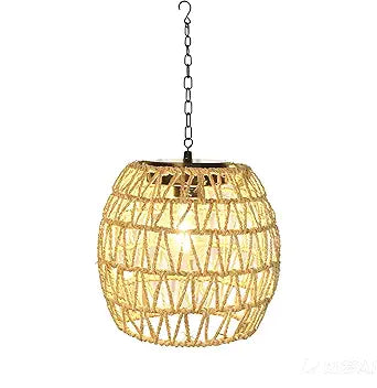 Battery Operated Outdoor Hanging Light Waterproof,6 Hours Timer Seagrass Woven Chandelier Indoor Outdoor Rattan Lantern for Patio Porch Gazebo Garden,Battery Operated Pendant Light with Edison Bulb