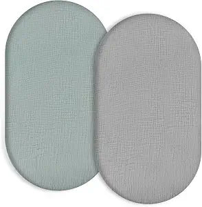 Muslin Bassinet Fitted Sheets 2 Pack, 100% Cotton Baby Cradle Sheets in Solid Green & Gray, Soft Breathable Mattress Covers for Boys & Girls, Fit Hourglass, Oval & Rectangle Pads