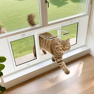 Cat Door for Window, Fits 23"-28" Width Windows, Quick-Fit Pet Door Window Insert, 4 Locking Mechanisms, Magnetic Closure Window Cat Doors Safety & Weatherproof (23"-28")