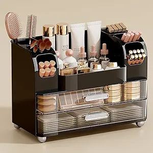 UFORU Makeup Organizer for Vanity with 2 Large Drawers, Cosmetic Display Case with Brush Holders, Easy to Storage for Bathroom Countertop Skincare, Perfume, Black