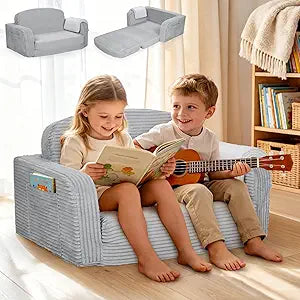 Extra Wide 2-in-1 Convertible Kids Couch | Large Corduroy Toddler Sofa Chair with Storage Pocket & Blanket | Foldable Foam Play Couch| Non-Toxic, for Boys & Girls, Grey
