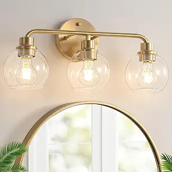 Bathroom Light Fixtures Gold Vanity Light 3 Light Wall Sconces Lighting Brushed Brass Lights with Clear Globe Glass Shades Bath Wall Lamp for Mirror Kitchen Living Room Bedroom Hallway