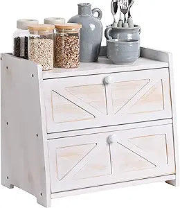 Vintage Double Layer Bread Box for Kitchen Countertop, Bamboo Bread Storage Container, Breadbox for Homemade Bread, Large Capacity Bread Bin(White)