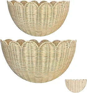 Scalloped Wall Basket,Hand Woven Hanging Wicker Wall Baskets Set, 16 x 10 x 7 & 14 x 8 x 6 Inch Scalloped Rattan Wall Basket Decor for Home,Bathroom,Living Room Organizing