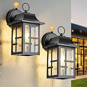 OKELI Dusk to Dawn Outdoor Wall Lights, Exterior Waterproof Lantern, Front Porch Sconce Lighting with Water Ripple Glass Shade, Anti-Rust Wall Lamps Outside Lights for Garage (Black-SIZE-M-2pack)