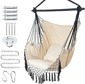 Hammock Chair Hanging Rope Swing Chair,Max 450 Lbs, Large Hanging Chair with Pocket, 2 Cushions, Removable Steel Bar, Hardware Kit Included, Sturdy and Comfortable for Indoor Outdoor (Beige)