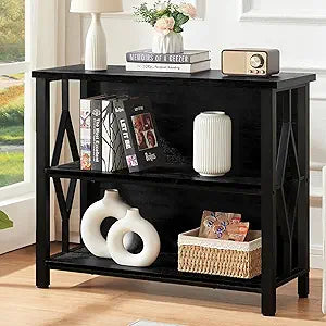 HOMISSUE Bookshelf, 3-Tier Rustic Short Bookshelf, Industrial Shelf Bookcase with Engineered Wood Shelves, Low Bookcase with Storage, Small Shelf for Living Room, Bedroom and Office, Black