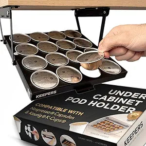 KEEPERS Nespresso Vertuo Pod Holder|Under Cabinet Swing Down Coffee Pod Organizer|Keurig Coffee Pod Holder|K Cup Holder Storage Organizer|Magnet Steel RV Office Small Kitchen 10x9in BLACK