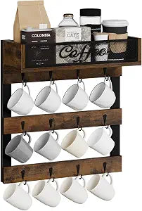 YINMIT Coffee Cup Holder Wall Mounted, 12-Hook Mug and Shelf for Coffee Bar
