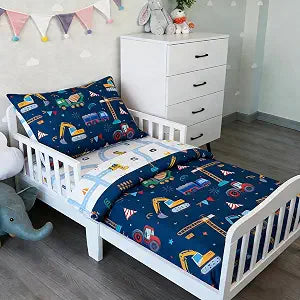 NTBED 4 Pieces Construction Truck Toddler Bedding Set for Baby Boys, Flags Vehicles Excavator Cars Printed, Includes Comforter, Flat Sheet, Fitted Sheet and Pillowcase,Navy