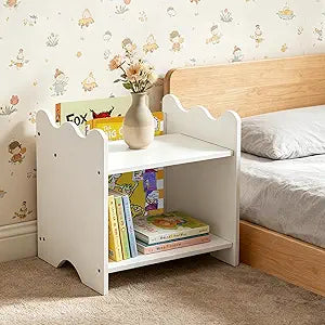 Solid Wood Kids Nightstand for Floor Beds, Small Bedside Table with Book Pocket, Low Tiny Nightstand for Nursery for Kids Room & Nursery