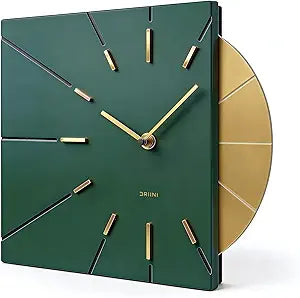 Driini Clocks Mid Century Modern Wall Clock - Square Green Clock with Decorative Gold Accent- Unique and Cool Clock, Battery Operated - MCM Decor & Decorative Wall Clock for Mid Century Modern Decor.