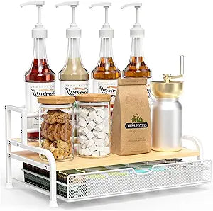 Coffee Syrup Rack Organizer, 3-Tier 8 Bottles Syrup Rack with 35 K Cup Storage Basket for Coffee Bar, Countertop Bottle Holder Stand for Wine, Dressing for Kitchen Cafe Station- White
