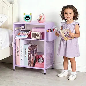 ECOLOVI Kids Nightstand 19in High for Floor Beds, 3-Tier Metal Small Bedside Table with Adjustable Storage Shelf, Basket & 3 S-Hooks, Low Nightstand for Nursery, Toddler Bedroom (Purple)