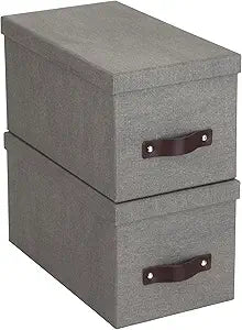 Bigso Silvia Organizational Storage Box | Photo Storage Box with Leather Handle for Shelves and Stacks Easily | Durable and Decorative Storage Boxes with Lids (Gray / 2 Pack)