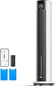 DREO Evaporative Air Swamp Cooler, 43" Cooling Fans that Blow Cold Air 2026 Upgraded, 80┬░ Oscillating Floor Fan for Bedroom, Easy Cleaning, APP Control, Ice Packs, 4 Speeds & 4 Modes, 12H Timer, White