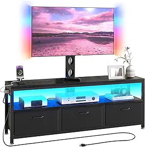 JUSTOGO TV Stand with Mount and Power Outlet, TV Stand Mount with Storage for Living Room, Entertainment Center with LED Lights for 45 55 60 65 inch, Height Adjustable Media Console, Black