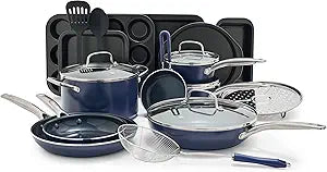 Blue Diamond 20 Piece Nonstick Cookware Set, Diamond Ceramic Pots & Pans, Dishwasher & Metal Utensil Safe, Non Toxic PFAS-Free, Kitchen Cooking Sauce & Saute Pans, Oven & Broiler to 600F, Blue