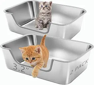 2 Pack Low Entry Stainless Steel Litter Box for Small Cat, Metal Kitty Litter Boxes for Kittens, Shallow Litter Pan for Small & Medium Injured Pets, Easy to Clean, Non-Stick,17.7"L13.8"W5.9"H