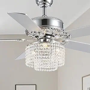 52 Inch Crystal Ceiling Fan with Light and Remote Control, Modern Chandelier Fan with 5 Reversible Wood Blades Chrome Fandelier for Living Room Bedroom (Fine line Crystal-Ceiling Fan)