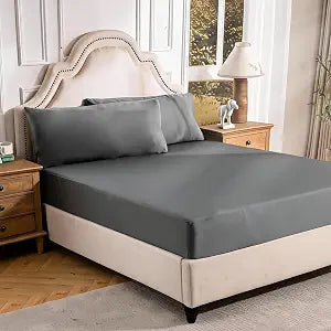OMERAI 3 Piece Cooling Queen Size Sheet Set, Bed Sheets Set with 1 Fitted Sheet & 2 Pillowcases, Breathable Cool-to-Touch Fabric, Soft Smooth Deep Pockets Bed Sheets for Summer, Dark Gray