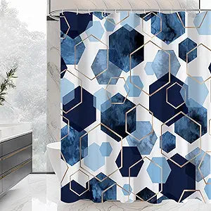 Litabel Modern Extra Long Shower Curtain for Bathroom, Blue Geometric Art Decor Waterproof Bath Curtain, Abstract Fabric Shower Curtain Sets for Home Decor, 72x84 Inch