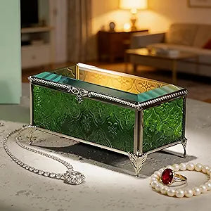 Glass Vintage Jewelry Box Keepsake storage Trinket Ring Display Box Home Decor Embossed Clear Glass Box Organizer(6.5x3.5x3.3Inches)