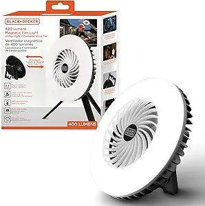 BLACK+DECKER 400LM Utility Fan Light, 3 Brightness Levels & Fan Speeds, USB Rechargeable, Power Bank, Magnetic with Kickstand & Hanging Hook, IP20 Weather-Resistant, Ideal for DIY, Camping, Automotive