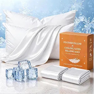 BHZ White Satin Goose Down Feather Pillows King Size Set of 2 with Pillowcase for Hair and Skin, Cooling Pillow Cases Similar to Silk Pillow Cases, Decorative for Women, Mom Men